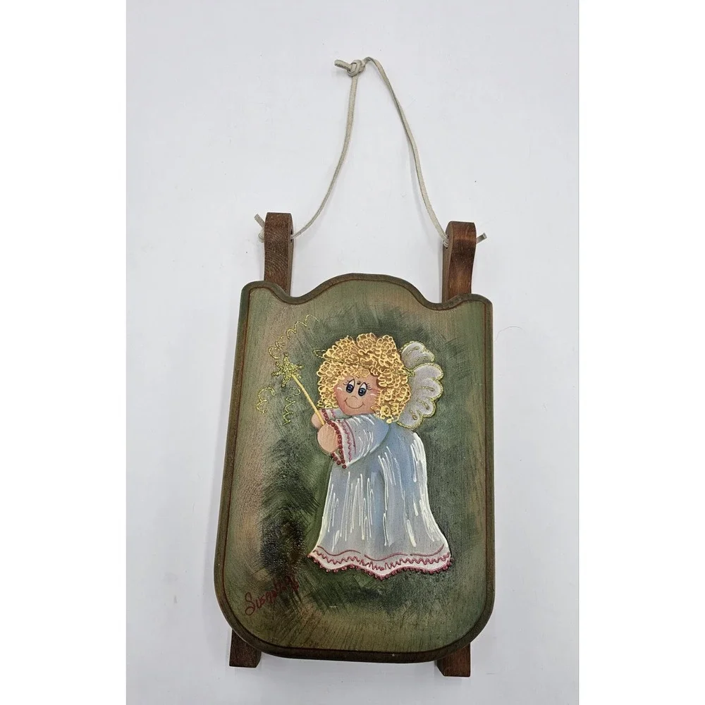 Wood Hand Painted Sled Sleigh Blonde Angel Girl Wall Hanging Christmas Decor